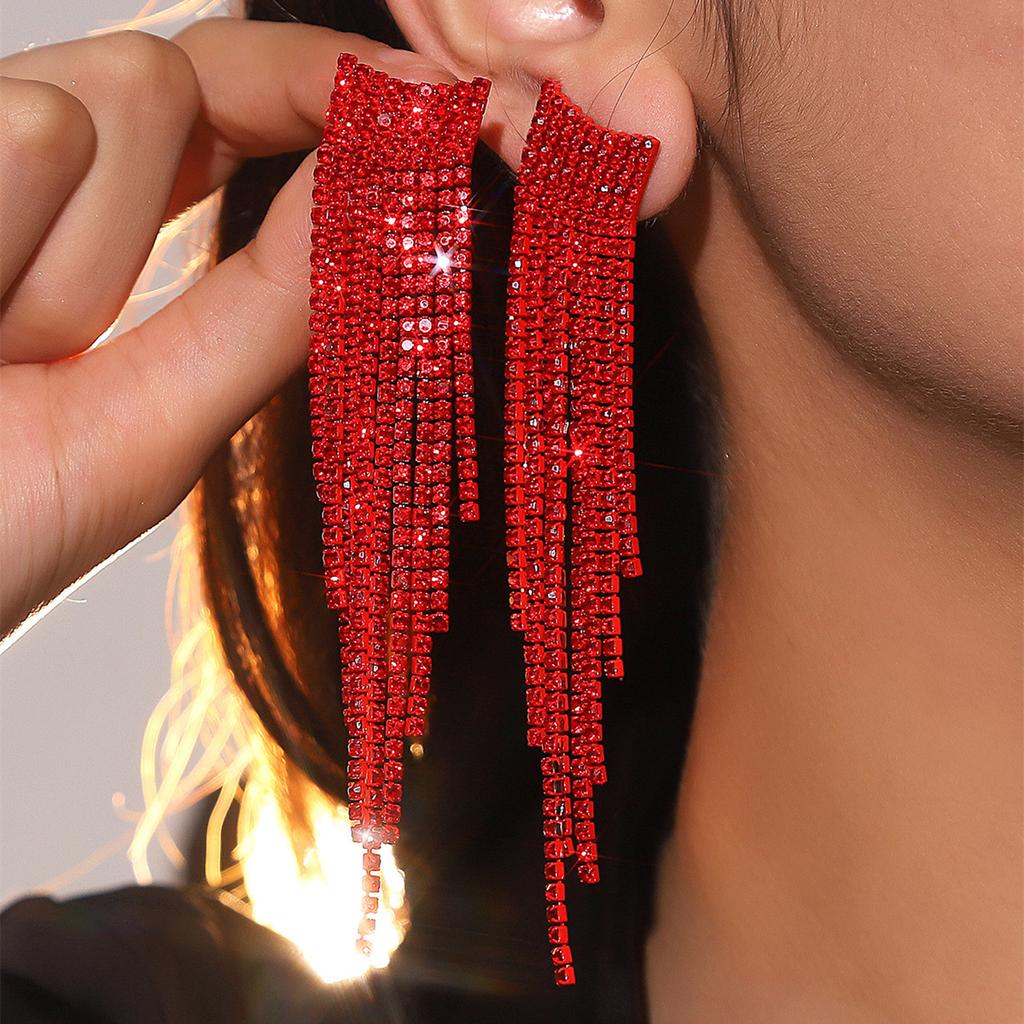 Red Series Super Flash Full Diamond Long Fringed Earrings for Women, High-end Temperament Stud Earrings and Ear Jewelry