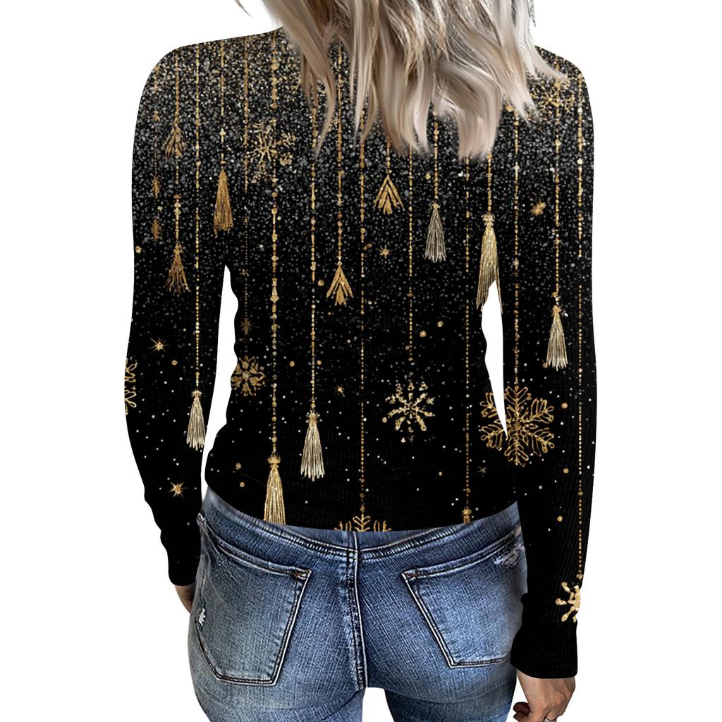 Women's Fashion Slim-Fit Round Neck Base Layer T-Shirt Christmas Print Long-Sleeved Top