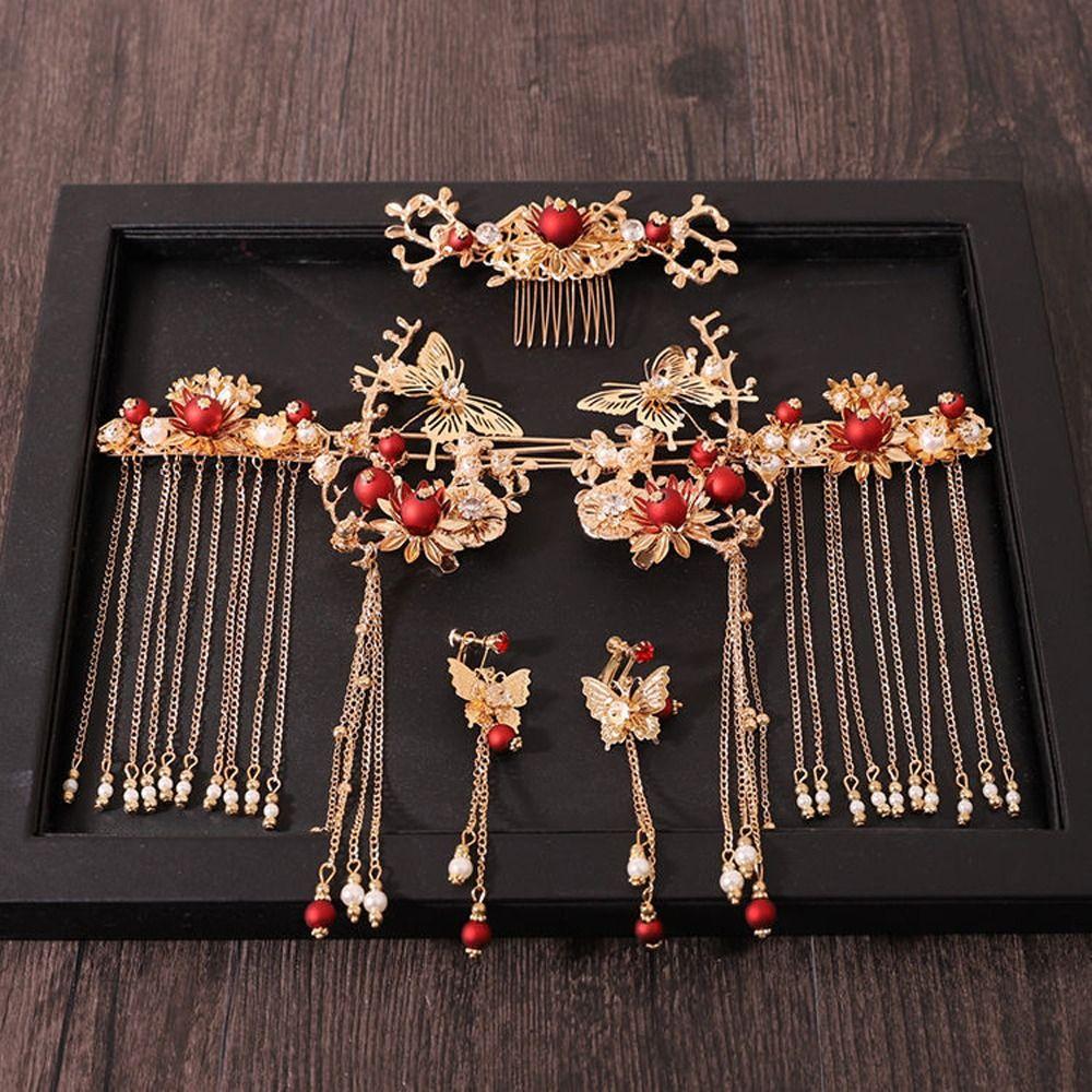 Hair Combs Butterfly Tassel Bridal Wedding Jewelry Set Chinese Style Crown Hair Stick Earrings