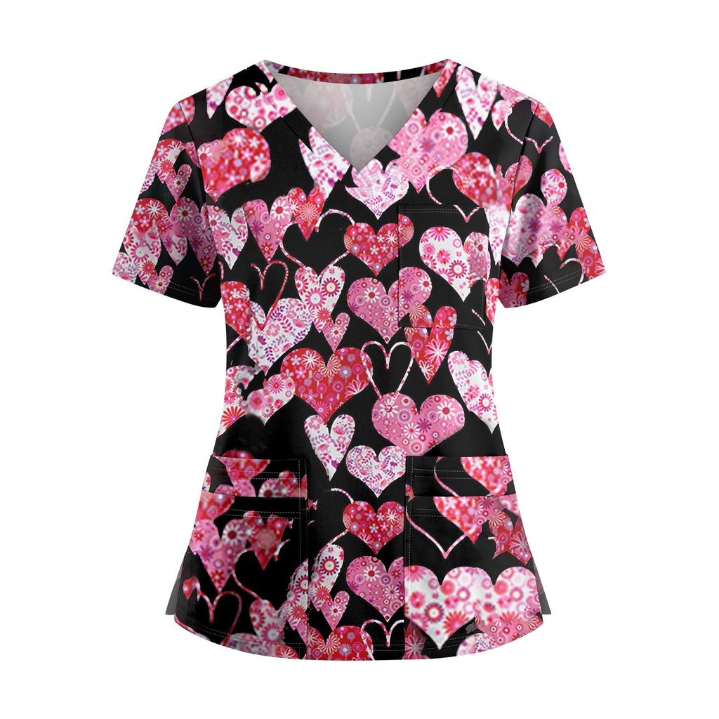 Плюс размерСкраб с принтом Рабочая форма Топы для женщин Крест V-образным вырезом Хэллоуин Принт с короткими рукавами Забавные футболки Спецодежда Футболка с карманами