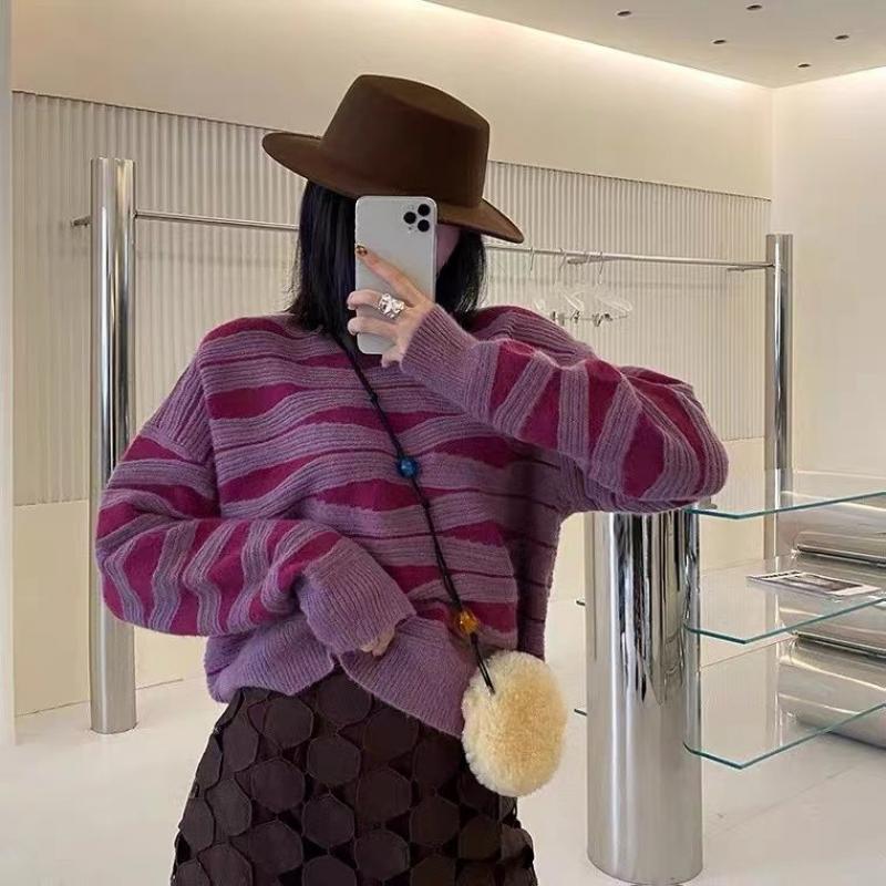 Женская одежда, зимний свитер, свободный пуловер, повседневный корейский модный полосатый вязаный топ с принтом, элегантный и простой женский джемпер