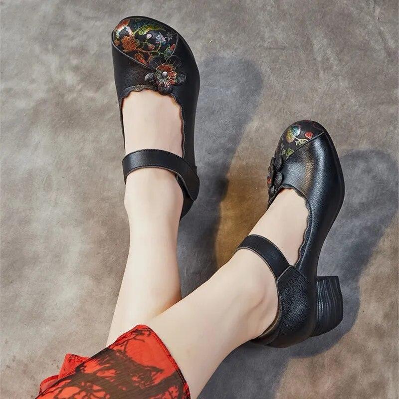 Johnature Женская обувь из натуральной кожи с принтом в этническом стиле, туфли-лодочки в стиле ретро с круглым носком, на толстом каблуке и на мягкой подошве