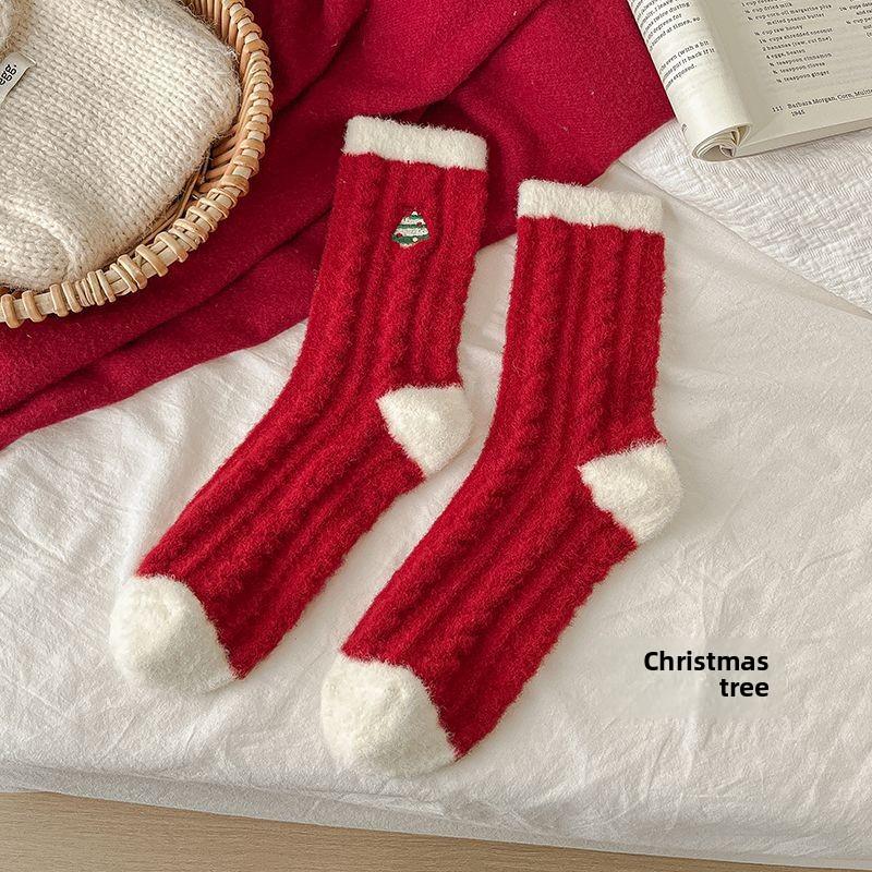 Coral Velvet Socks for Women Winter Extra Thick Warm Red Christmas Socks Sleeping Socks