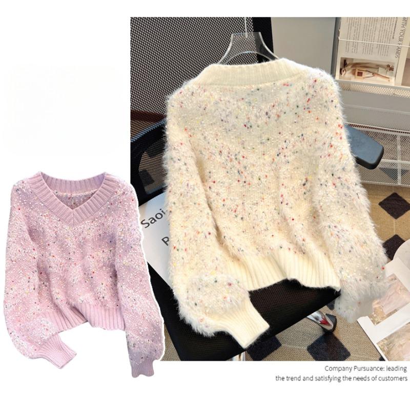 Уютный и шикарный свитер с V-образным вырезом в цветной горошек, идеальный для весны