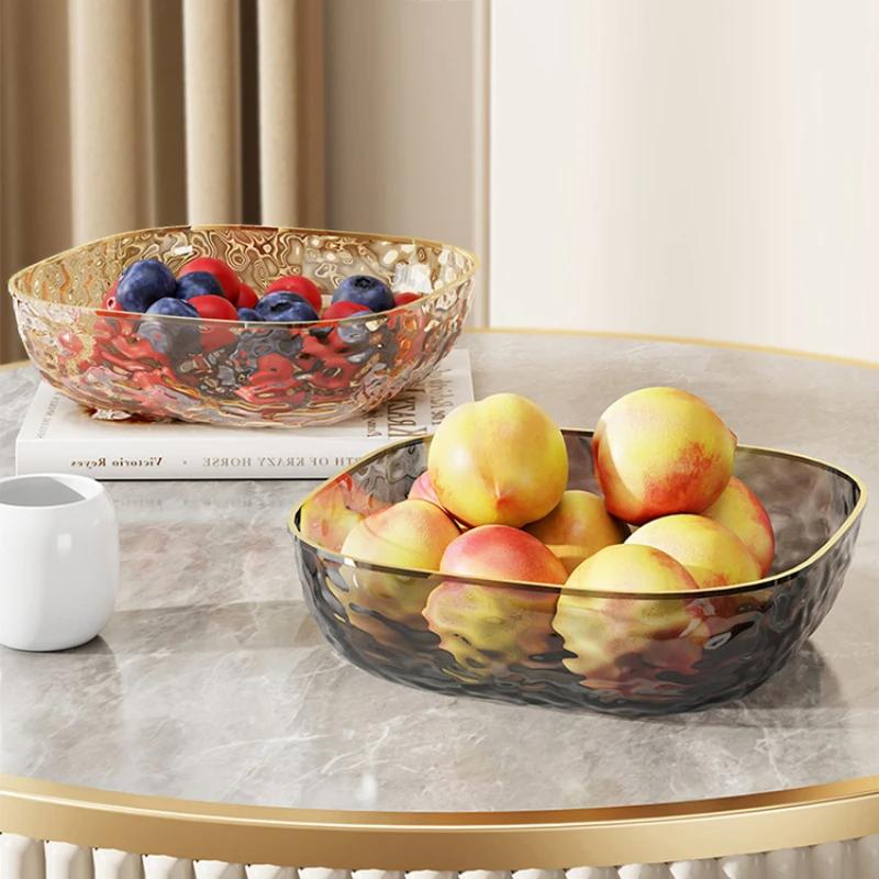 1pc Light Luxury Household Fruit Plate Plastic Transparent Dishes Tray Golden Edge Salad Dessert Biscuit Snacks Plates Tableware