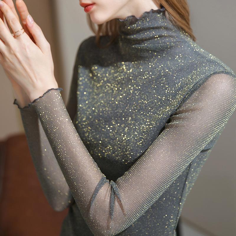 Women Long Sleeve Blouse Spring Autumn Lace Shirts Casual Blouses Long Sleeve Patchwork Spliced Turtleneck Blusas Tops