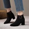 2024 Fashion Solid Color Square Heel Pointed Buckle Decoration Comfortable Thick Heel Women's Shoes Short Tube Zipper Decoration