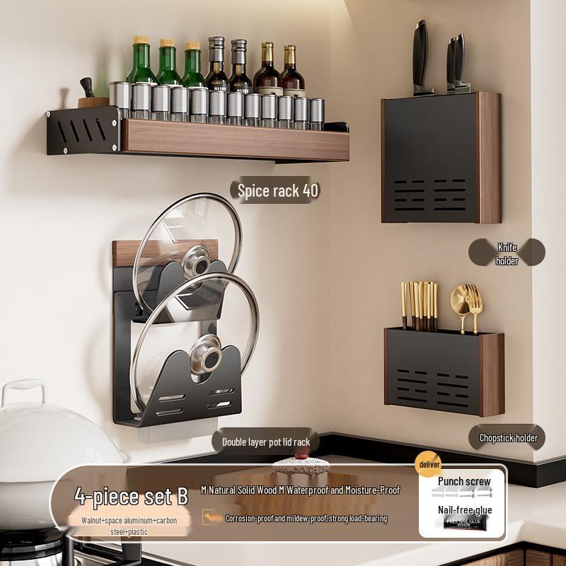 Punch-Free Wall-Mounted Walnut Kitchen Storage Rack: Multi-Layer Spice Shelf