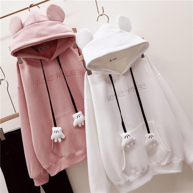 Autumn Winter Girls Hoodies Cute Bear Ears Printing Letter Long Sleeve Sweatshirt Children Fleece Thick Pullover Tops