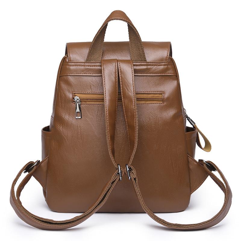 Women's Flap Backpack Solid Color PU Leather Large Capacity Female Daypack Backpack Rucksacks Casual Travel School Bag