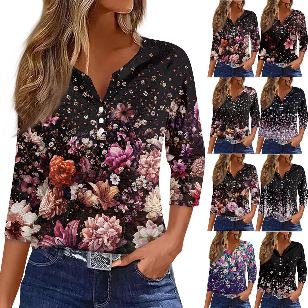 Women's T Shirt Tee Print Button 3/4 SleeveDaily Weekend Fashion Basic V- Neck Regular Top