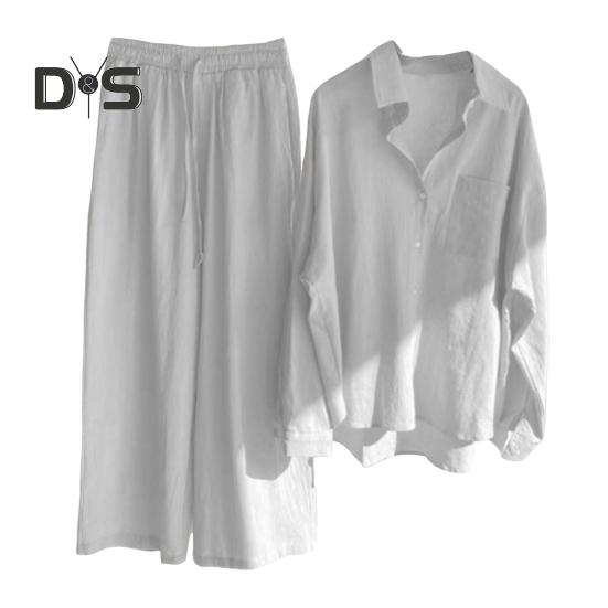 2 шт./компл., женская рубашка больших размеров, комплект брюк, сплошной цвет, блузка с воротником с лацканами и длинными рукавами, высокая талия, свободные широкие брюки, комплект, повседневная одежда для поездок на работу