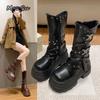 Platform Shoes Round Toe Thick Bottom Turn-Down Collar Slouchy Belt Buckle Boots Chunky High Heel Mid-Calf Boots Women's Shoes