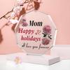 1 Acrylic Block Gift for Mom - Elegant Pink Peonies & Heart Accents, Engraved 'Mom Happy Holidays I Love You Forever' - Modern Decorative Keepsake