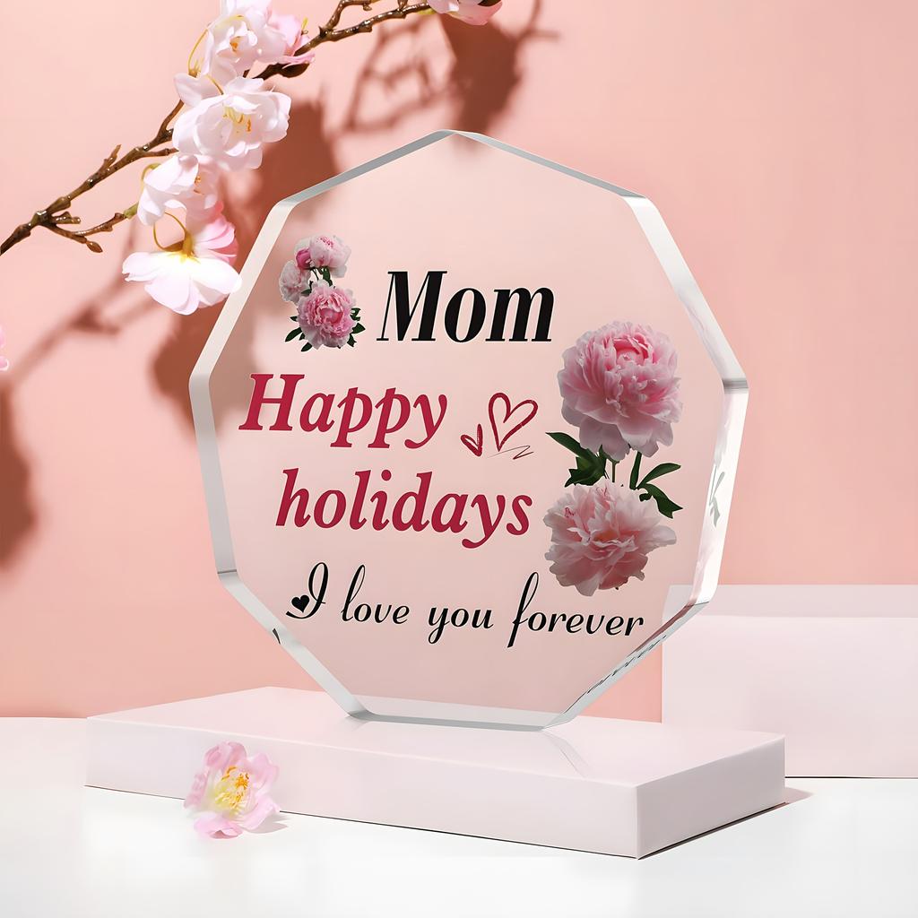 1 Acrylic Block Gift for Mom - Elegant Pink Peonies & Heart Accents, Engraved 'Mom Happy Holidays I Love You Forever' - Modern Decorative Keepsake