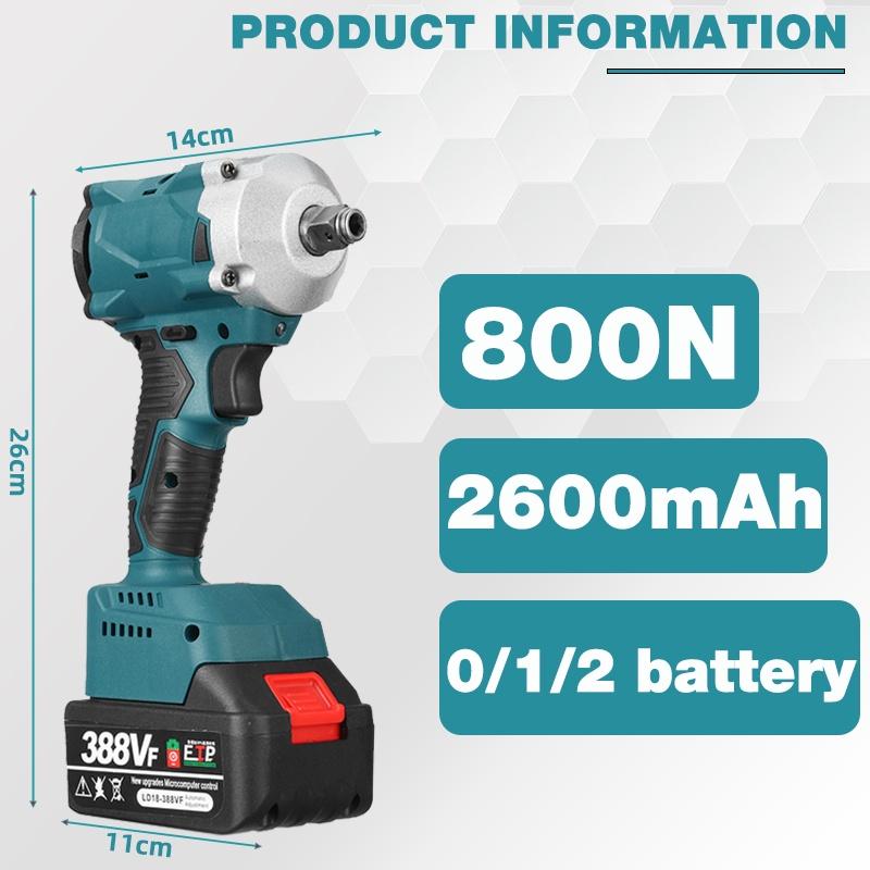 800N.M Brushless Cordless Rechargeable Electric Impact Wrench 1/2 Inch Wrench Compatible for Makita Battery