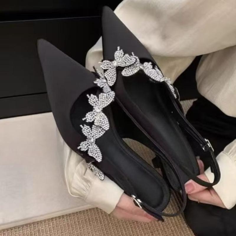 Fashion Rhinestone Butterfly Stiletto Pointed Toe Sandals Autumn New Baotou Shallow Mouth One Strap Non-slip High Heels