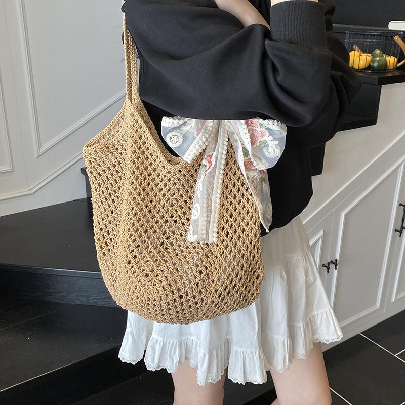 Solid Color Crochet Tote Handbag Summer Beach Scarf Decor Fashion Women's Mesh Woven Shoulder Bags Large Capacity Knitting Underarm Bag CLE