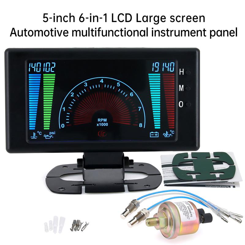 6 In1 Car Digital Gauge Oil Pressure Tachometer RPM Voltage Oil Temperature Water Temp Clock Gauge Sensors 1/8NPT For 12V Car
