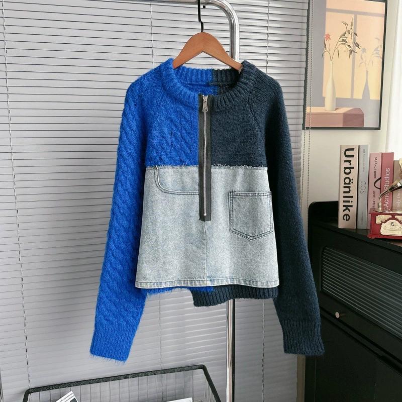 DIMANAF 2025 Осенняя куртка Женские свитера Пальто Лоскутное ватное пальто Вязание Карманы Свитер