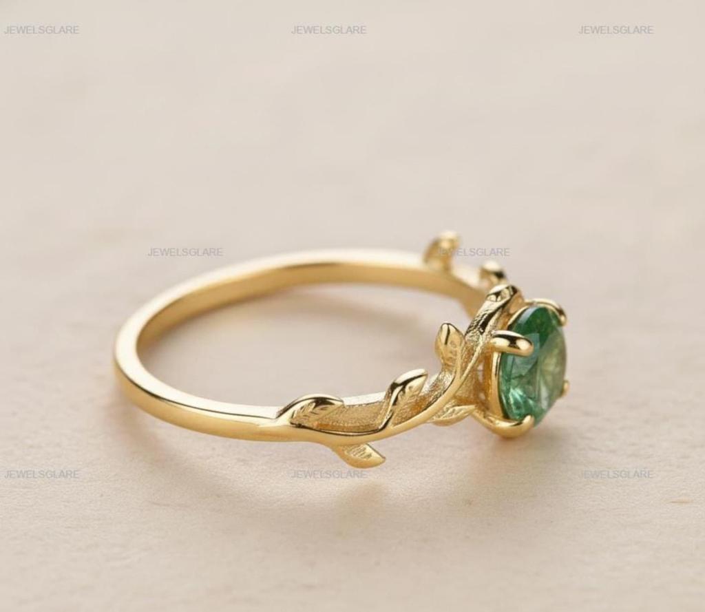 Natural Oval Moss Agate Engagement Ring 14k Gold Plated Solitaire Ring, Gift For Her,
