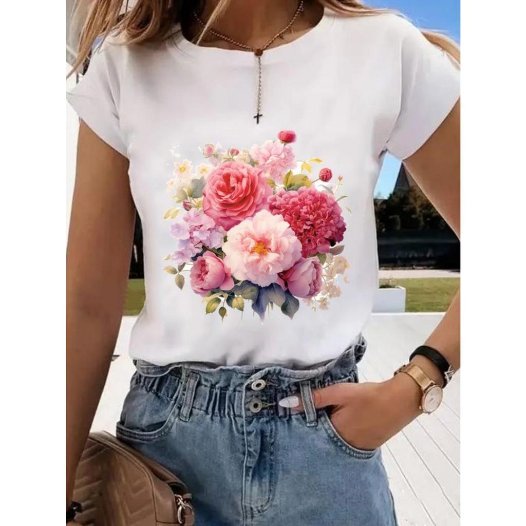 Floral Sweet and Cute Fashion Printing Women's O-neck Clothes T-shirt Short-sleeved Casual Daily Top