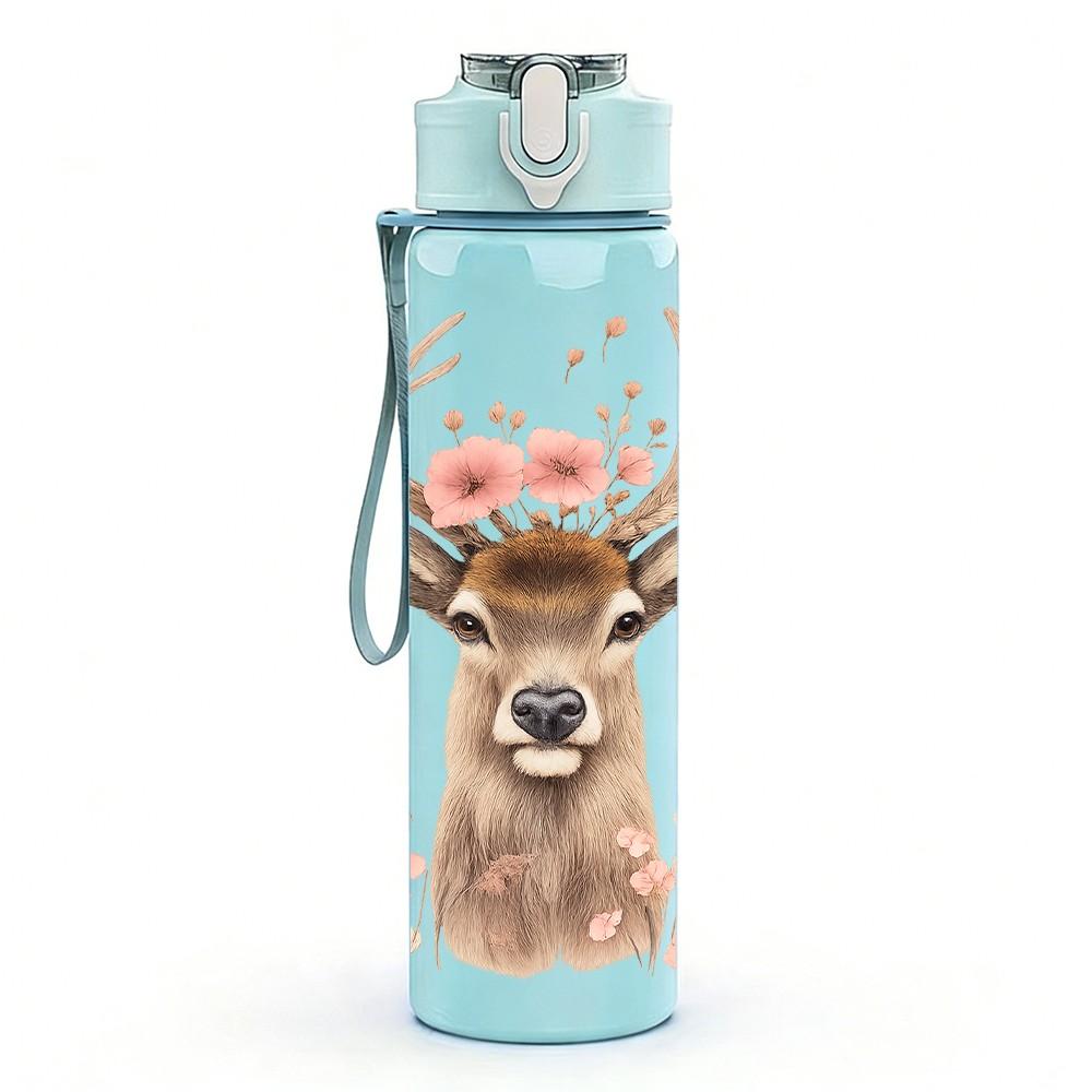 1PC Floral Deer Pattern 750ml Color Plastic Sports Water Bottle Leakproof Flip Straw Lid Suitable for Sports Office Home Use