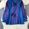 Summer Vintage Women Blouse Embroidered Puff Sleeve Color Block Ethnic Style Camisa Feminina Casual Tops