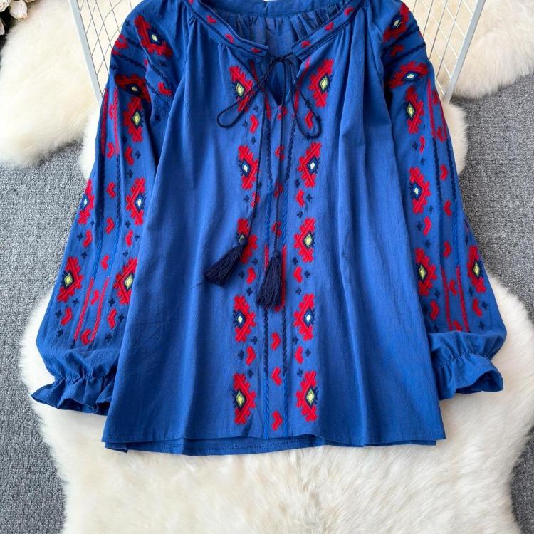 Summer Vintage Women Blouse Embroidered Puff Sleeve Color Block Ethnic Style Camisa Feminina Casual Tops