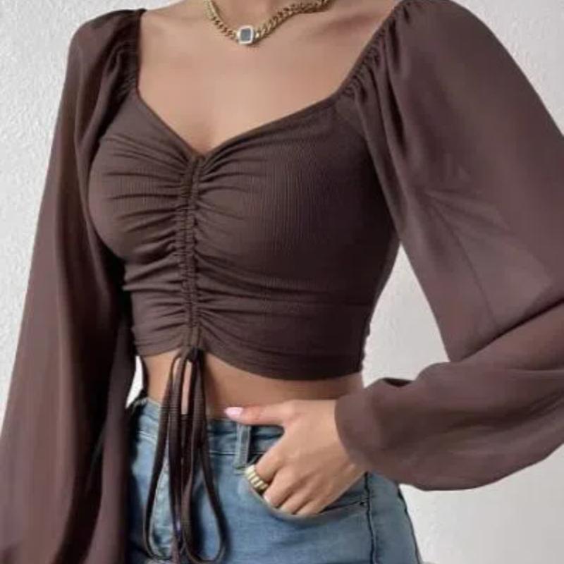 Summer New V-neck Chiffon Drawstring Lantern Sleeve Tight Fashion Sexy Shirt Top