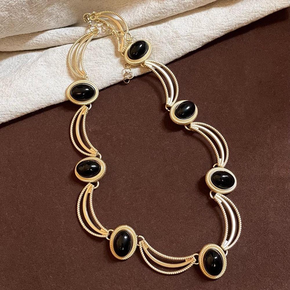 Korean Style Oval Earrings Black Gold Bridal Jewelry Sets Fashion Vintage Necklace Wedding