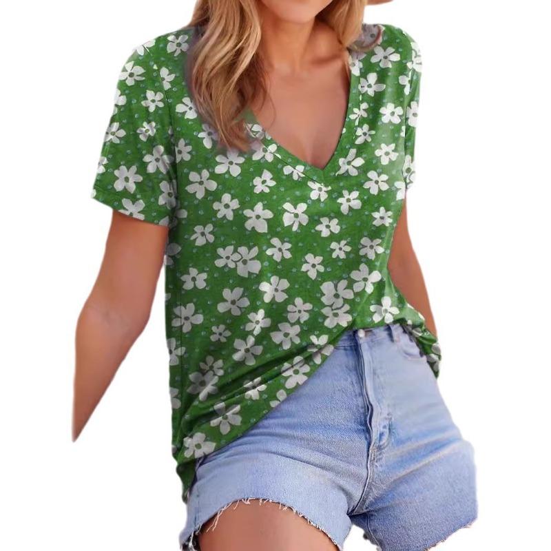 Summer Fresh Flower Print Elegant V-neck Short Sleeved Women's Commuting T-Shirts Women’s