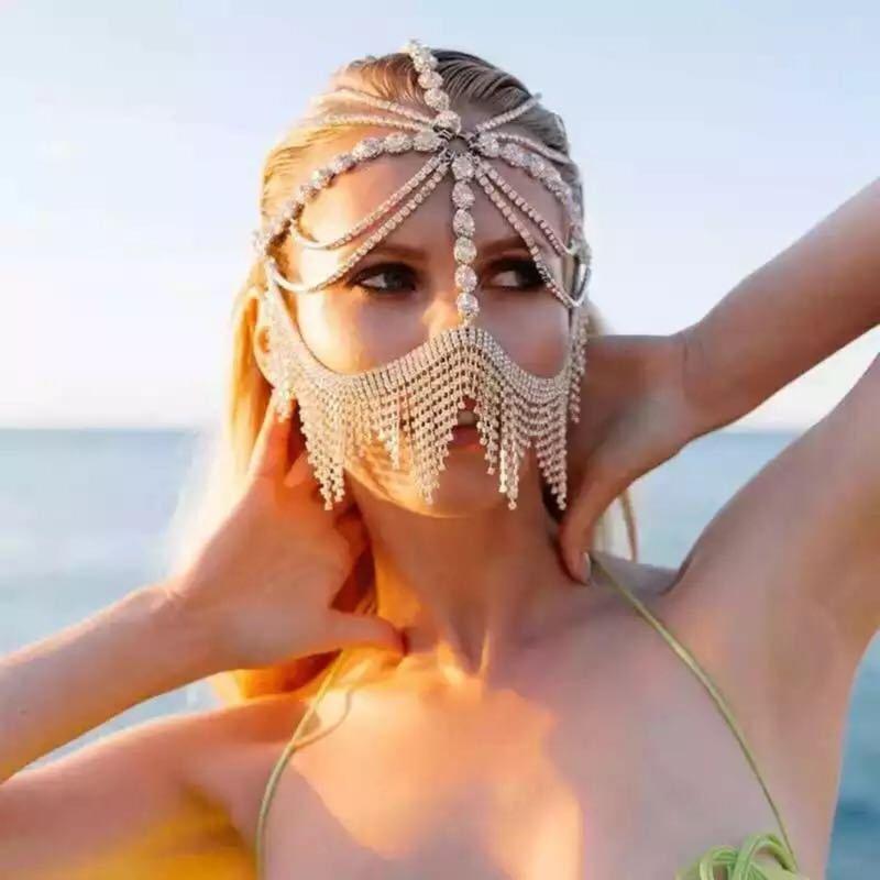 Сверкающая цепочка из страз, маска-вуаль, головной убор для женщин, элегантный, для вечеринки, танцевального костюма, модные аксессуары для волос