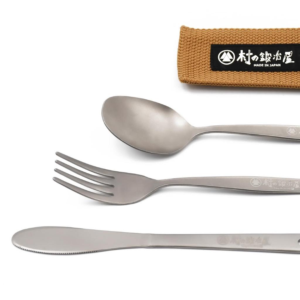 В Village blacksmith чистый титановый походный набор столовых приборов из 3 штук с футляром Набор из титана и вилок, сделанных в [Сделано в Tsubame-Sanjo] (нож, ложка, вилка)