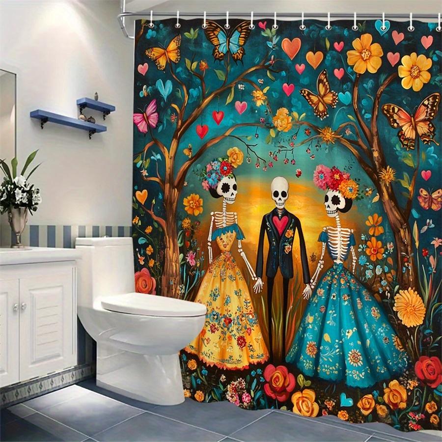 Мексиканское народное искусство Занавеска для душа - Яркие скелеты, Традиционные платья, Радостный сад, Машинная стирка, Красочный декор для ванной