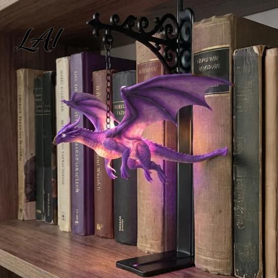 Magical Bookshelf Decoration Flying Dragon Lamp Warm Hanging Night Light Fantasy Sculpture with Stand Reading Nook Decor Unique Gift for