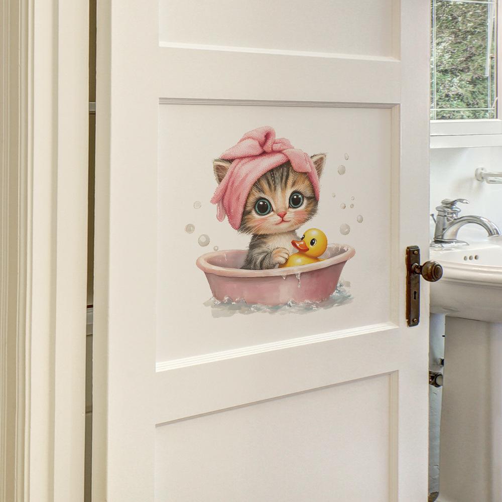 Мультяшный котенок, время купания, наклейка на стену для ванной комнаты, душевой кабины, водостойкая, съемная, декор для дома