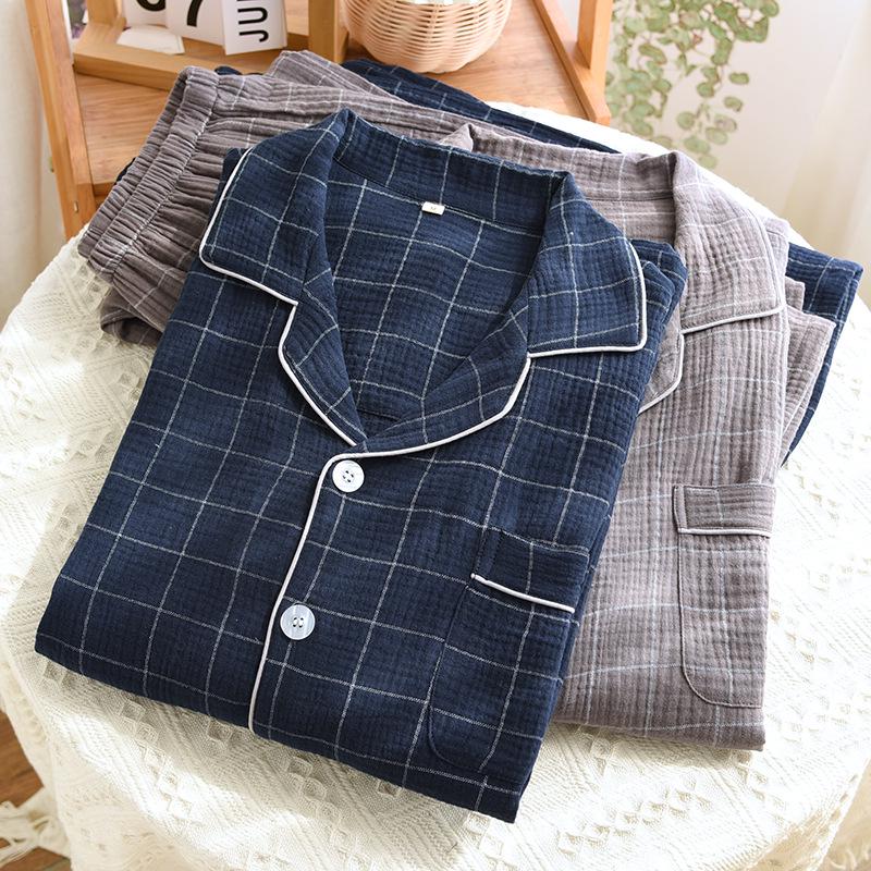 Мужская классическая клетчатая пижама: Чистый хлопок, длинный рукав, легкий креп, лацкан, свободный крой, для весны и осени