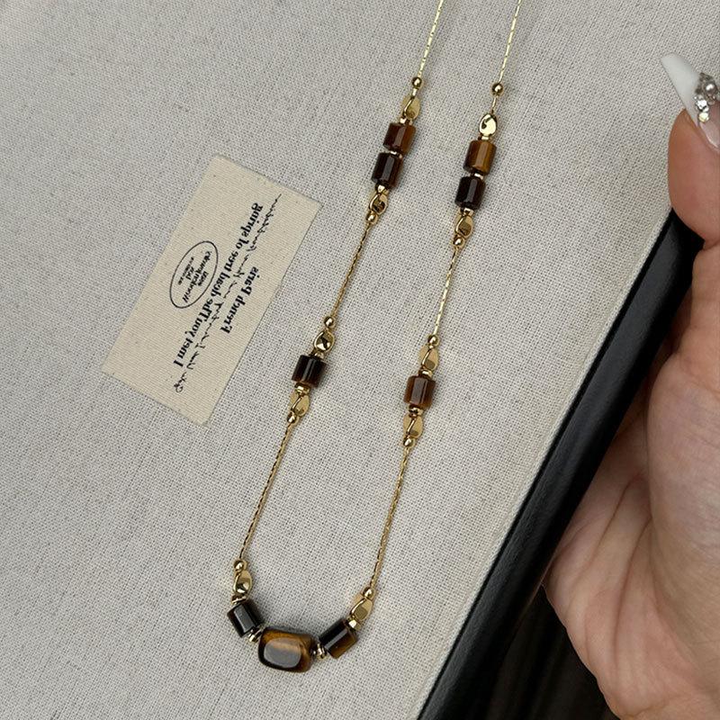 Autumn And Winter Maillard Tiger'S Eye Stone Beaded Necklace Women'S Niche High-End Sense Personalized Fashion Versatile Neck Chain Sweater Chain