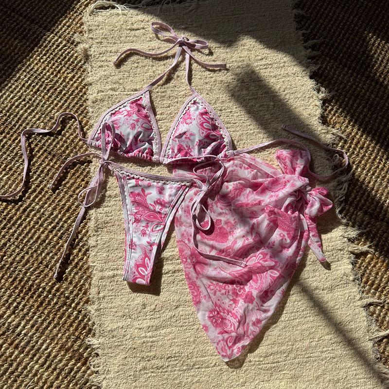 With Sarong Printed Halter Bikini Women Swimwear Female Swimsuit Three-pieces Bikini Set Padded Bather Bathing Suit Swim