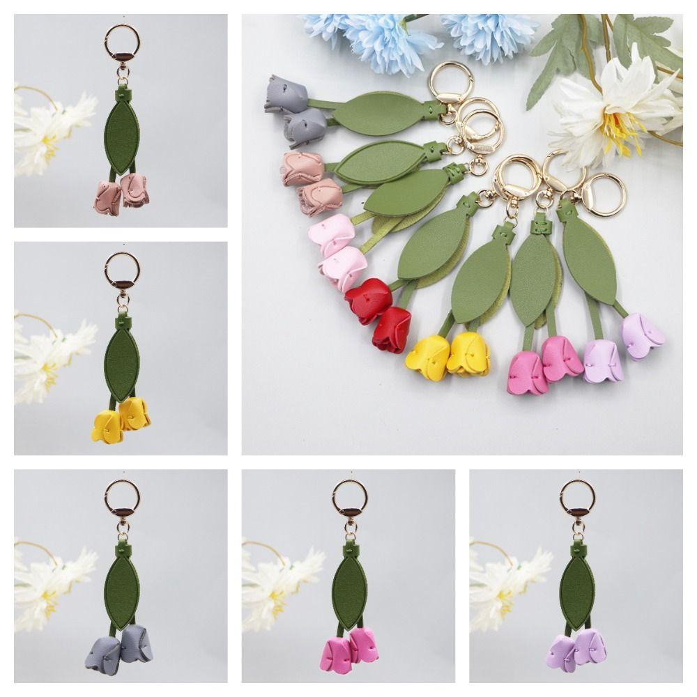 Dopamine Tulip Bag Pendant PU Leather Car Key Chains Creative Fresh Backpack Decoration Woman