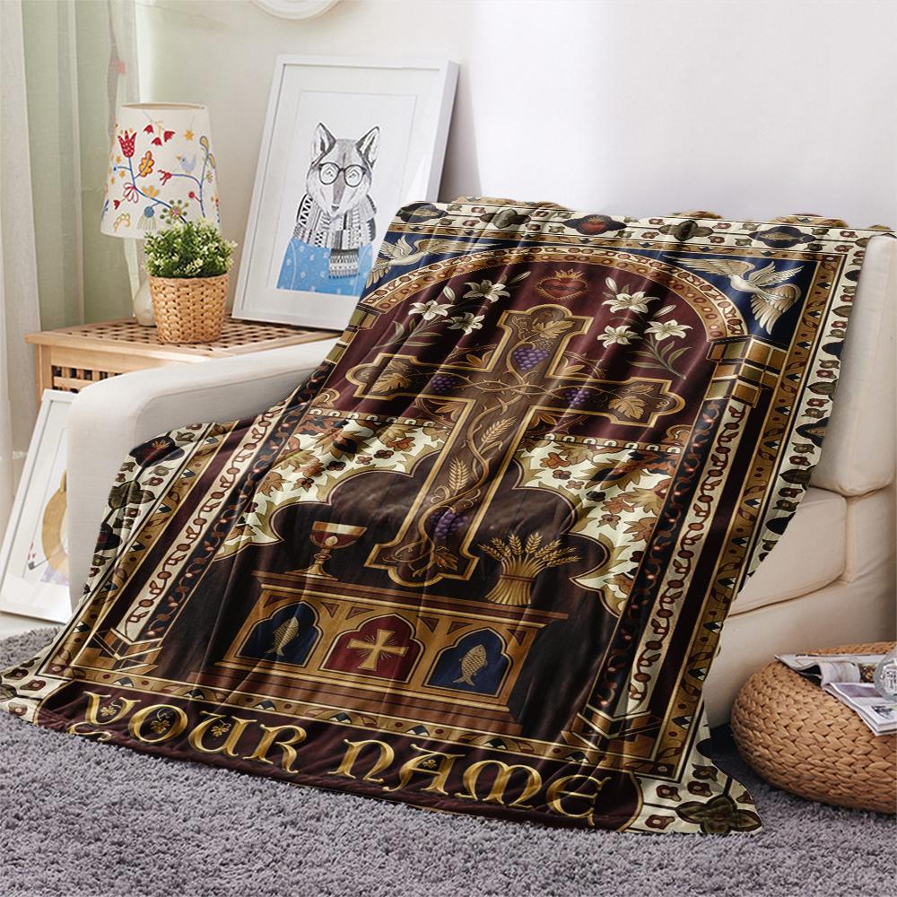 1PC Custom Name Religious Cross Gothic Patterned Flannel Blanket Suitable For All Seasons for Home Decor Warmth and Comfort Gifts Holiday Present_xia