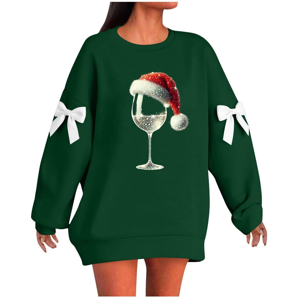 Ladies' Christmas Printed Bow Round Neck Long Sleeved Loose Pullover Sweater Sweatshirt Top