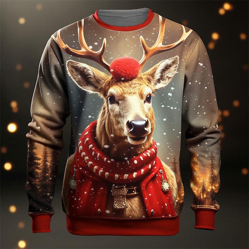 Christmas Elk Print Sweatshirts For Men Fall Long Sleeve Pullover Casual O-neck Men's Tops Oversized Hoodie Tees X'mas Clothing