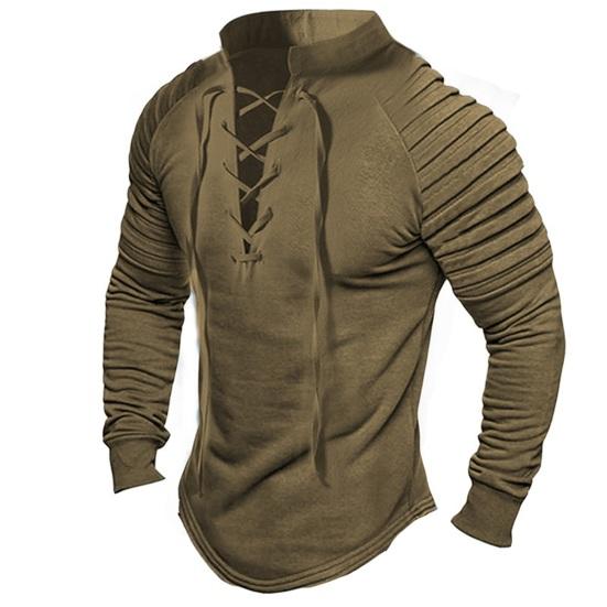 Мужской пуловер на шнуровке в стиле ретро с воротником-стойкой, плиссированные однотонные однотонные футболки с длинными рукавами, облегающие повседневные футболки, уличная одежда