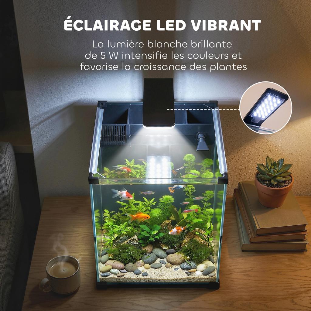 Tempered Glass Nano Aquarium, Built-in Filter, 5W Pump, LED, 30 x 30 x 45 cm, Black