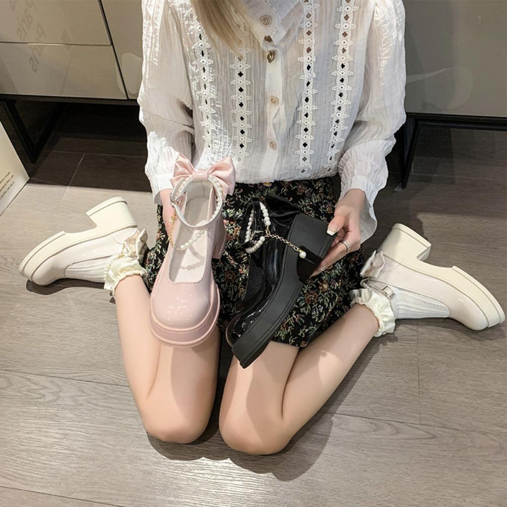 Fashion Pink Beaded Mary Jane Shoes Women's High-heeled Shoes Spring Autumn Wear Round Toe Shallow Sakura Pink Jk Uniform Platform Shpes