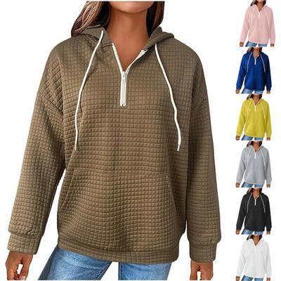 Женская мода, повседневный свободный пуловер на молнии с капюшоном и длинными рукавами, лоскутная клетчатая толстовка, вязаный топ