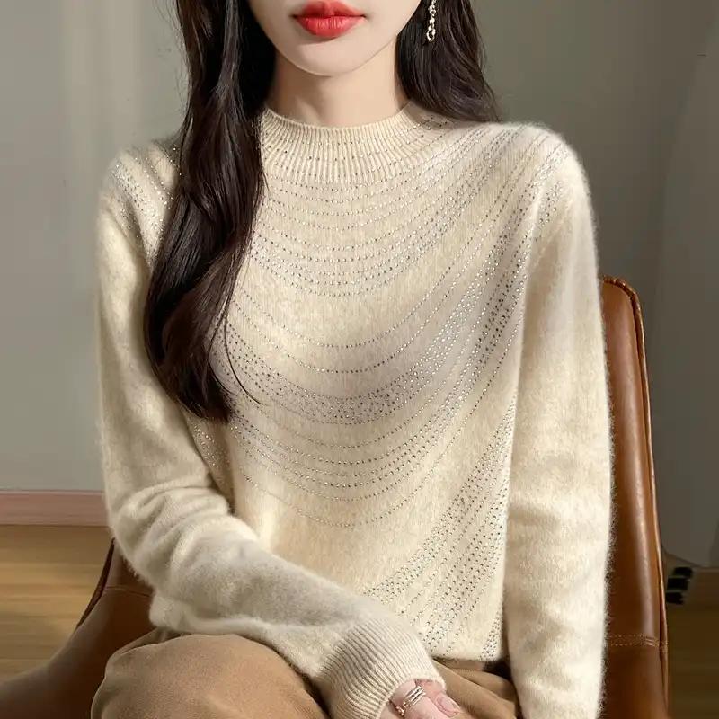 Женский свитер Осень Зима Утепленный пуловер Теплый вязаный в полоску с круглым вырезом Базовый слой Эластичный с длинным рукавом Оверсайз Джемпер Топы