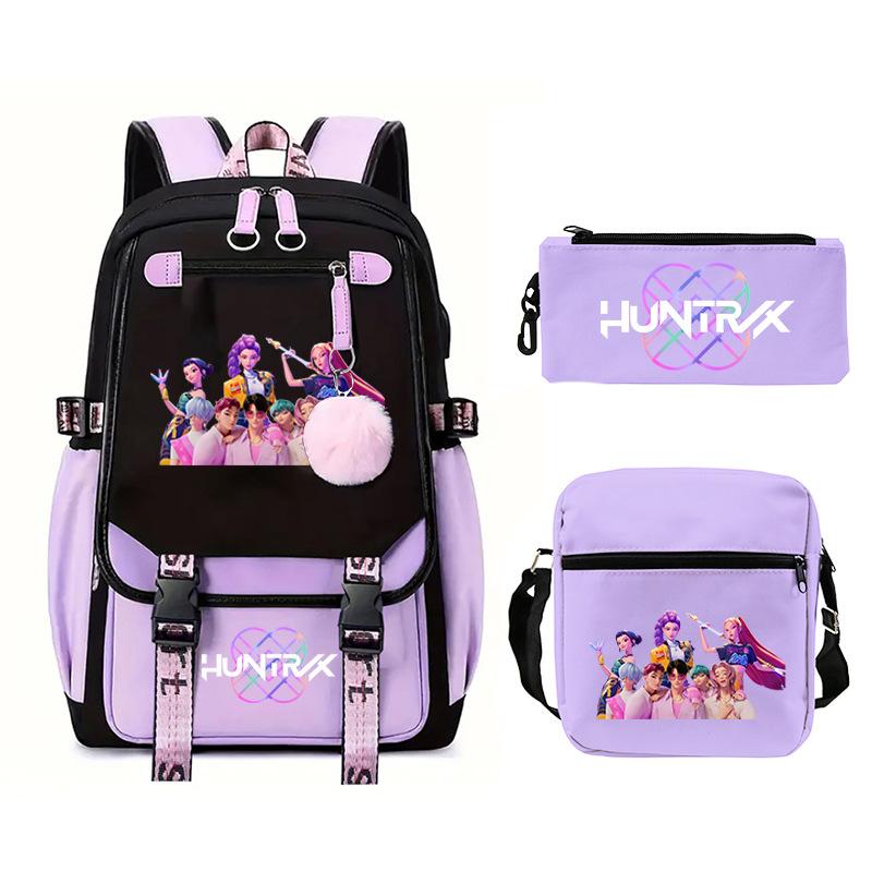 Kpop Trend Backpack Large Capacity Student School Bag Three-Piece Pencil Case Casual Shoulder Bag